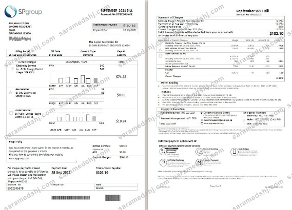Singapore SP Group utility bill template in Word and PDF format (2 pages)